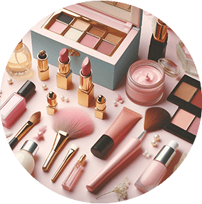 Banner promocional de Beleza e Cuidados Pessoais com maquiagem e produtos de beleza